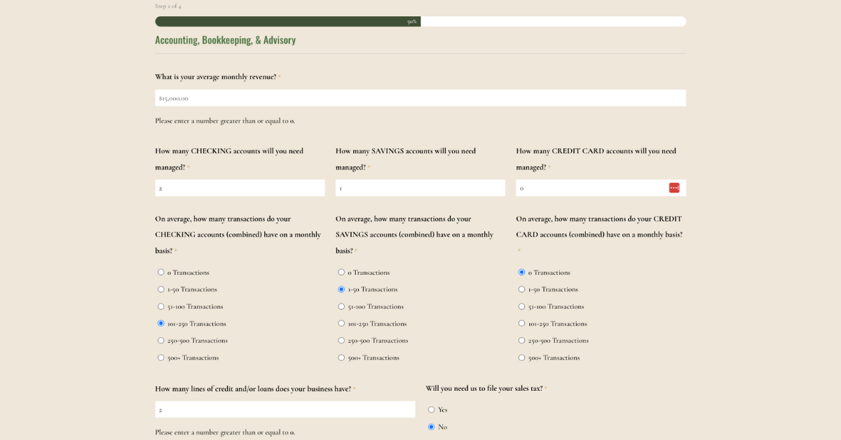 Screenshot of Seward Accounting & Tax's Custom Estimate Form with Formulated Pricing